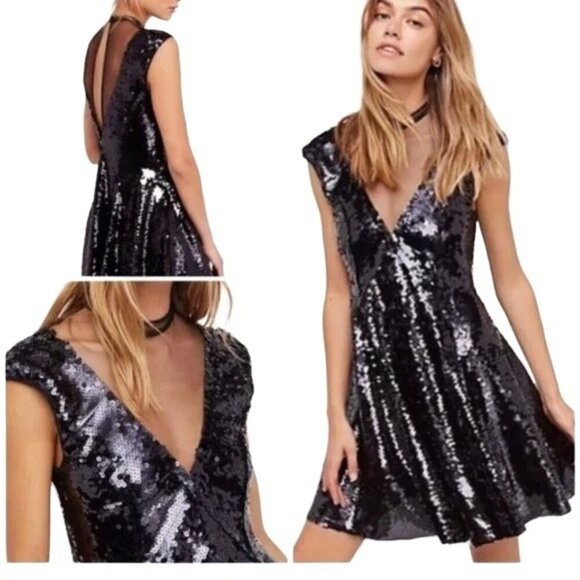 Free People Dresses & Skirts - Free People Dance Till Dawn Black Sequin Fit & Flare Mini Dress